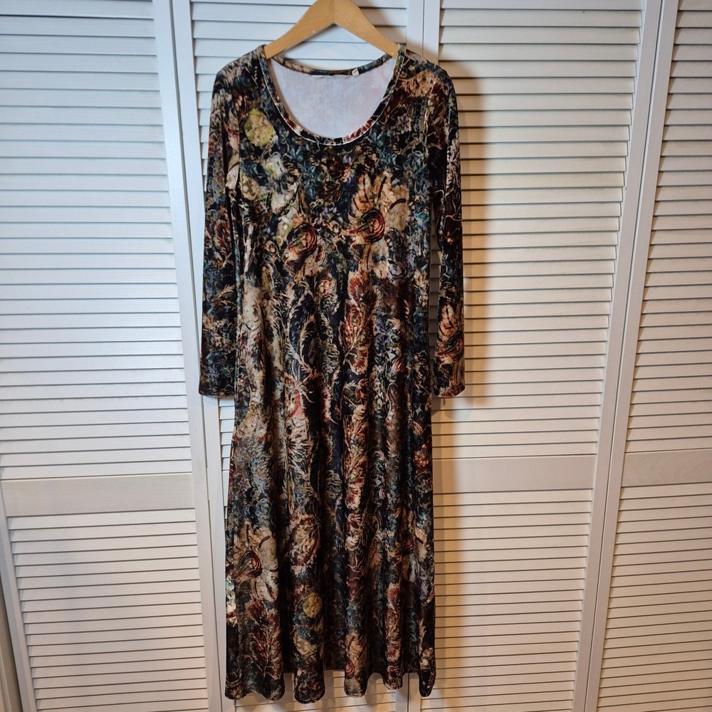 Soft Surroundings Santiago Stretch Velvet Floral Print Long Sleeve‎ Midi Dress S